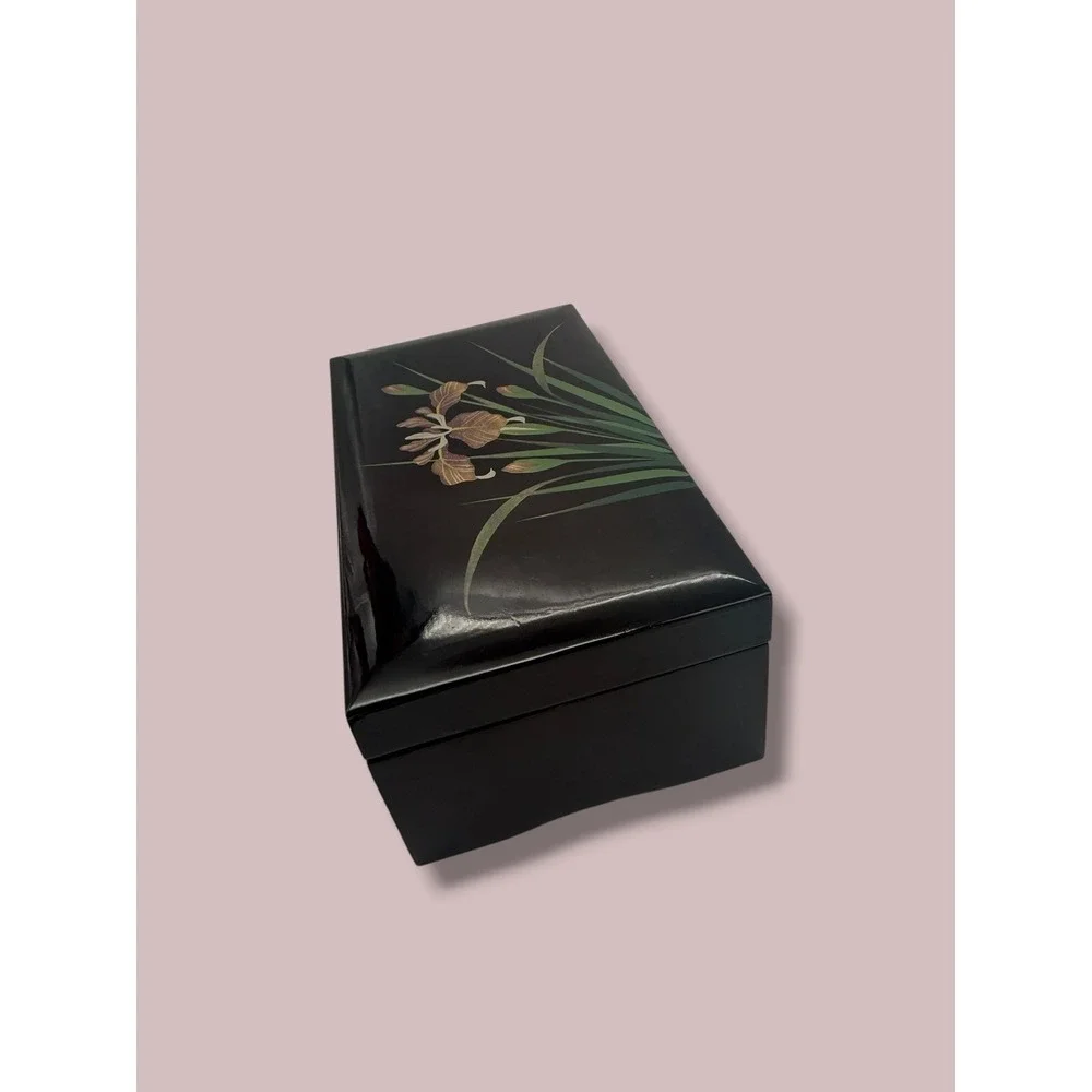 San Francisco Music Box Co Black Lacquer Iris Jewelry Box Lara's Theme Vintage